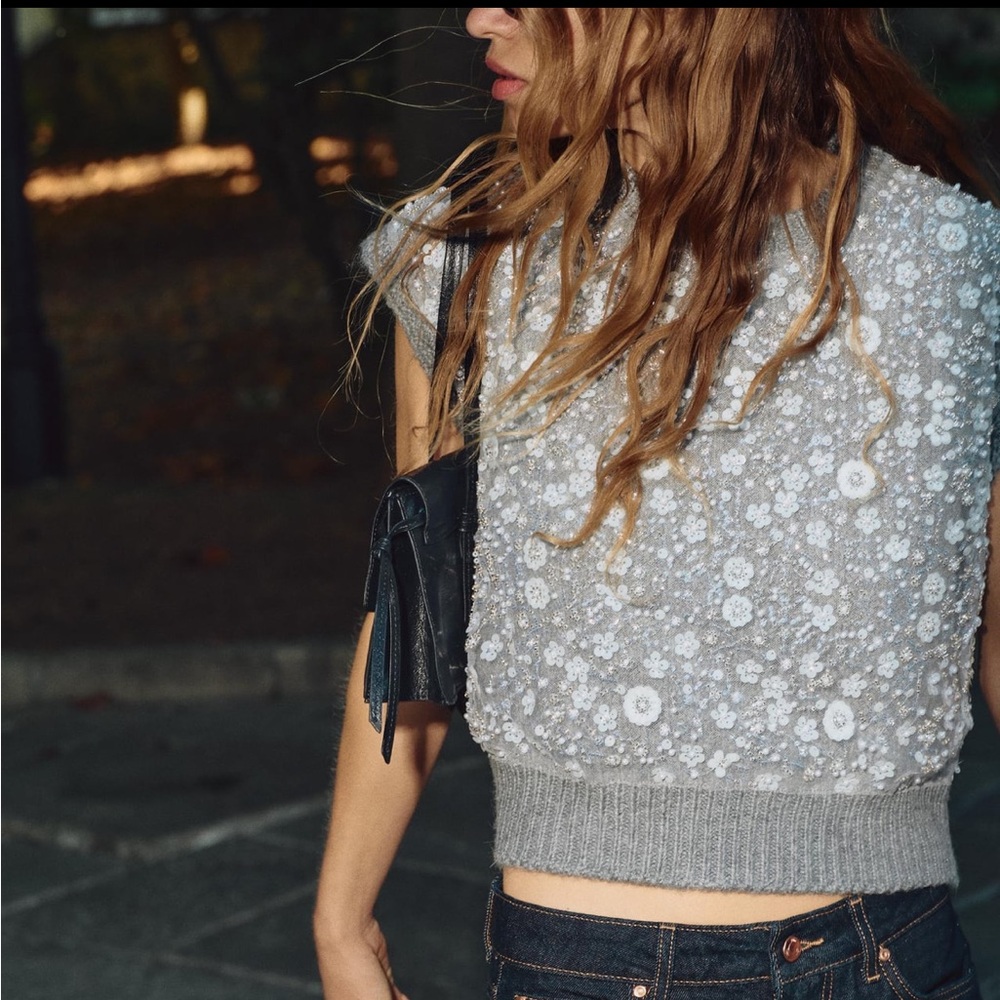 ZARA beaded knit sweater vest gray bloggers